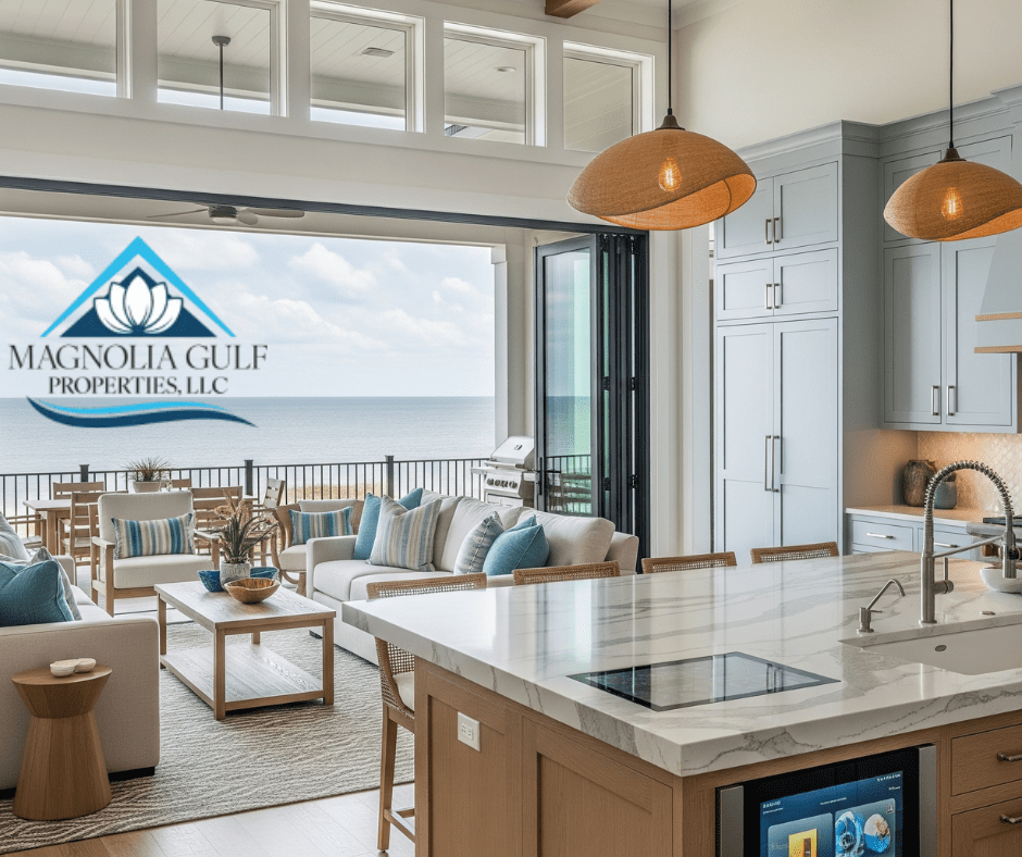 Magnolia Gulf Properties LLC: Luxurious open-concept beachfront home with a modern kitchen, living room, and balcony providing stunning ocean views.