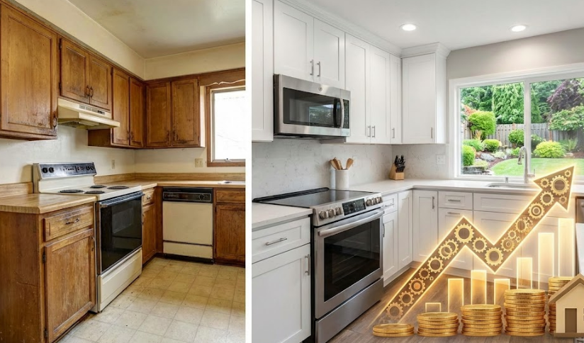 Before and after kitchen renovation showing a dated kitchen transformed into a modern white kitchen, representing increased property value.