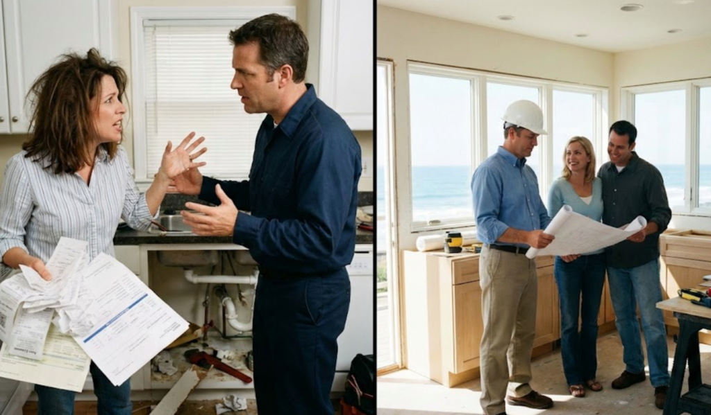 Contrasting home renovation: stressful plumbing repair vs. happy couple discussing blueprints with a contractor in a bright new room.