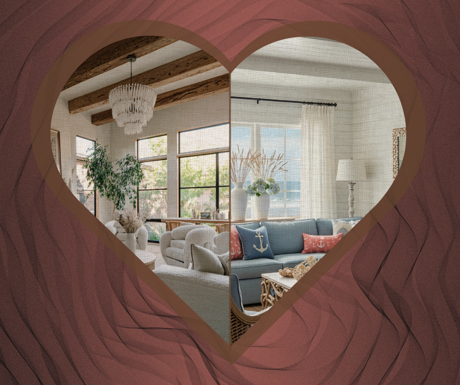 Heart design featuring two distinct living room styles: rustic modern with wood beams & chandelier, and coastal decor with a blue sofa & anchor pillows.