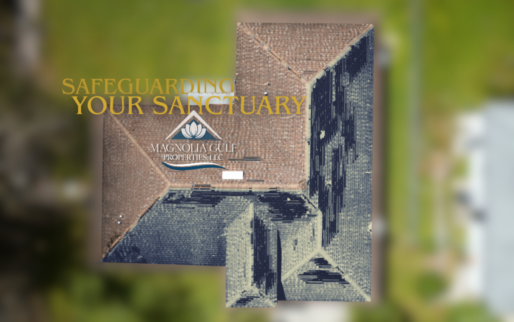 Aerial view of a house roof with the text 'SAFEGUARDING YOUR SANCTUARY' and the Magnolia Gulf Properties LLC logo, highlighting property protection.