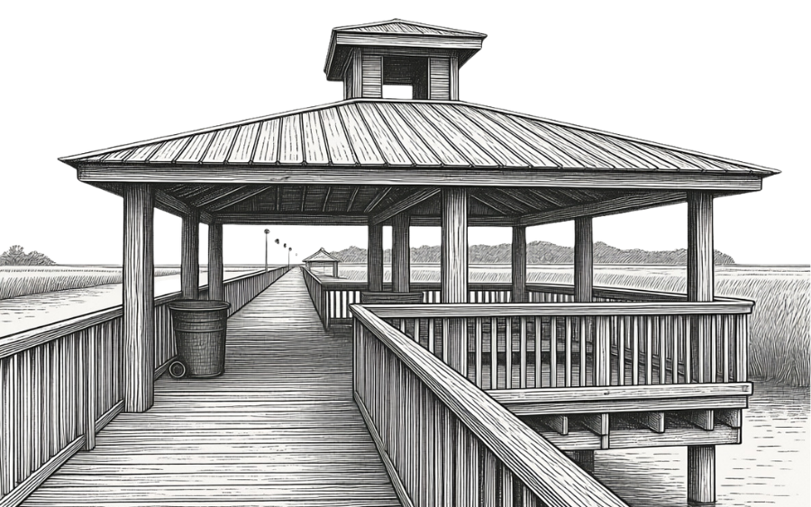 Etching of Gautier fishing pier