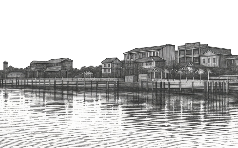 Etching of downtown Bay St. Louis from the waterfront