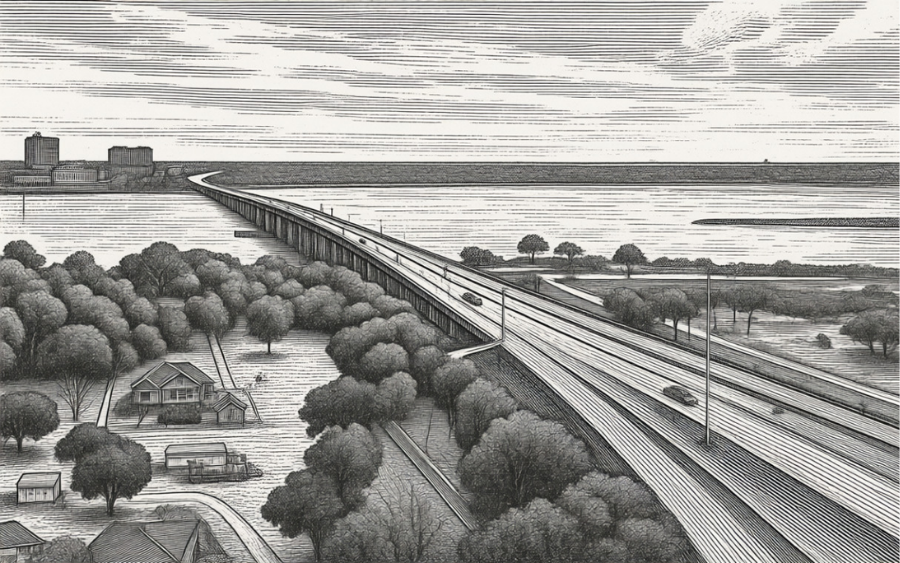 D'Iberville, MS Etching of bridge between D'Iberville and Biloxi