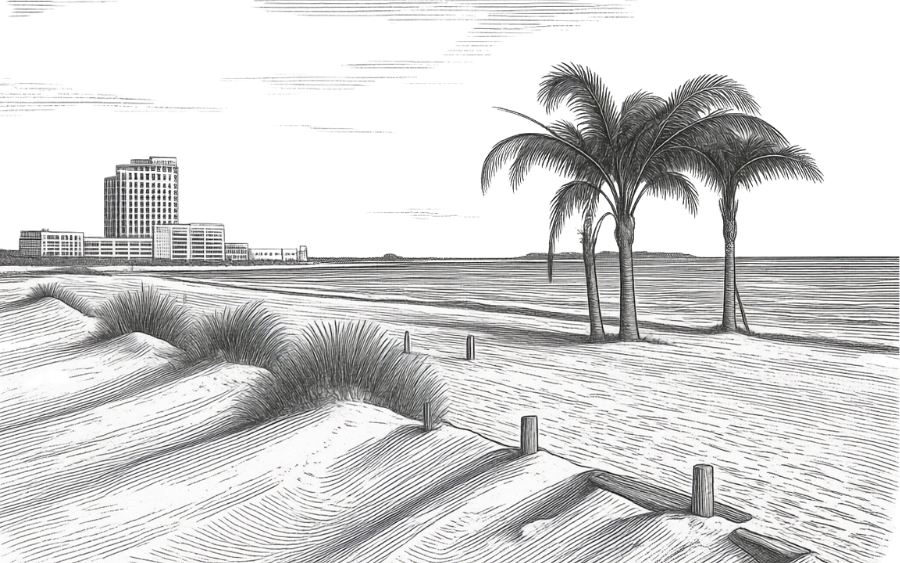 Etching of beach by Long Beach, MS