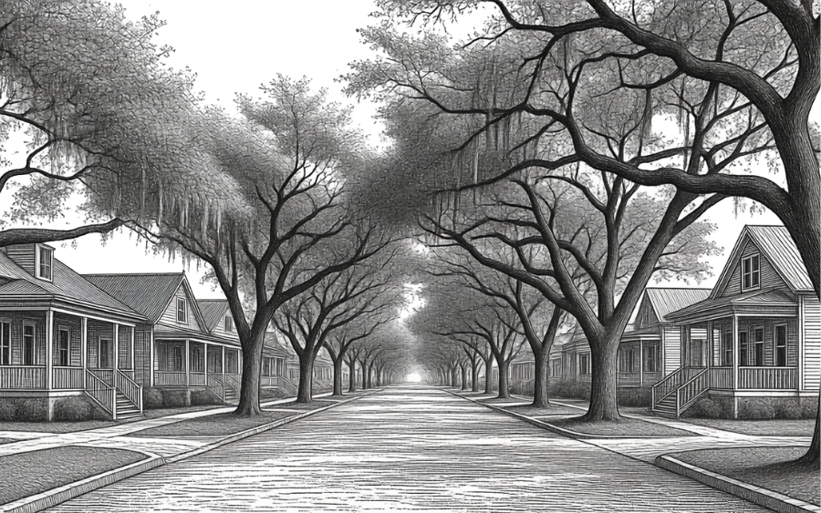 Ocean Springs, MS Etching of downtown Ocean Springs neighborhood