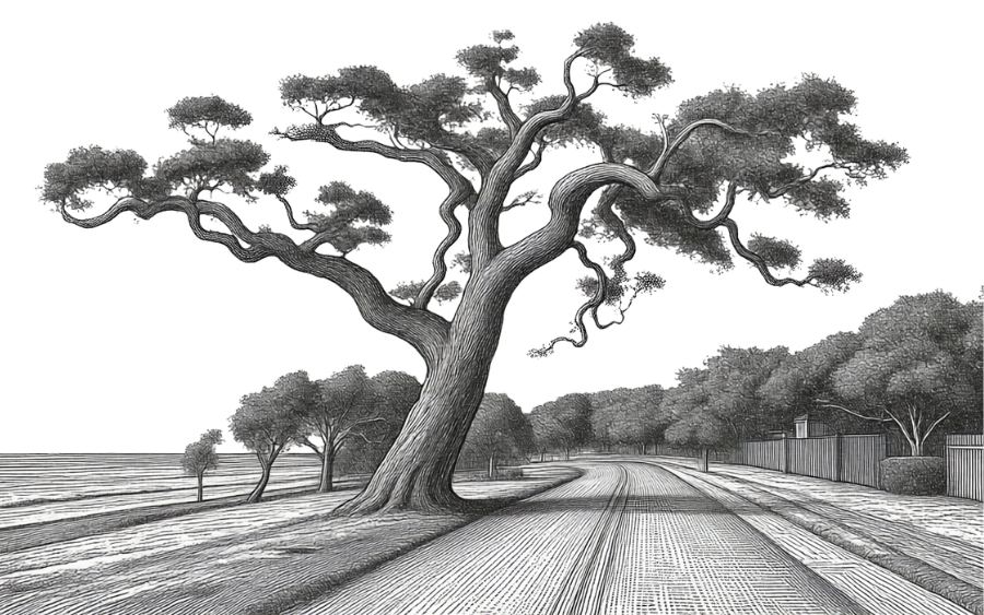 Etching of large live Oak tree along road in Pass Christian